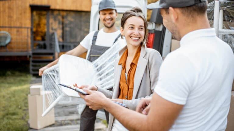 Professional movers assisting a smiling client with specialty moving services, carefully handling packed furniture and household items outdoors.