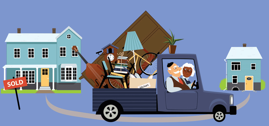 An illustrated image of a senior couple in a pickup truck moving from their large house and downsizing to a smaller home