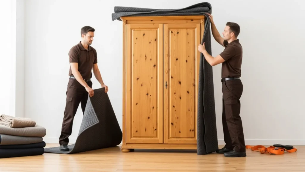 Two professional movers in brown uniforms carefully wrapping a wooden wardrobe with moving blankets in preparation for transport, with moving supplies visible on hardwood floor