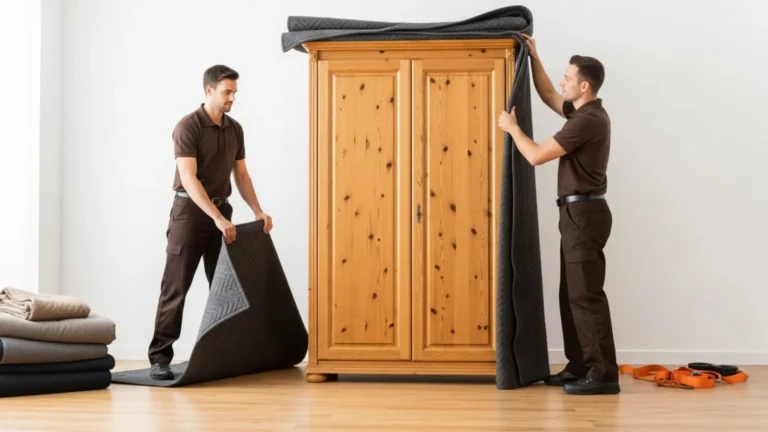 Two professional movers in brown uniforms carefully wrapping a wooden wardrobe with moving blankets in preparation for transport, with moving supplies visible on hardwood floor