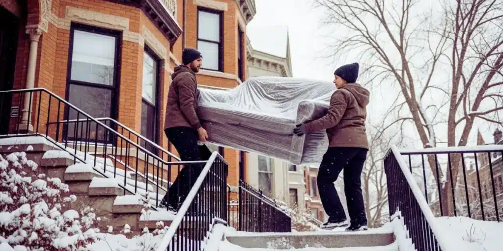 Two movers carefully carrying wrapped furniture up snowy front steps of Denver brick home during winter moving day