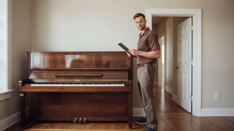 Professional piano mover conducting pre-move assessment in Denver home