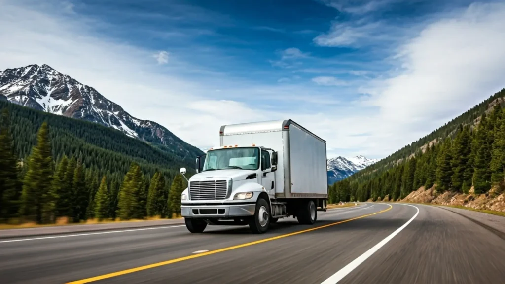 Colorado moving truck navigating mountain highway - professional relocation services through Rocky Mountain terrain