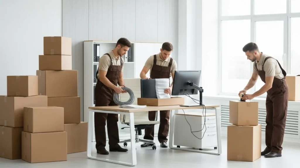 Business office being packed for relocation, cardboard boxes labeled and organized, professional movers carefully wrapping computer equipment, clean corporate environment