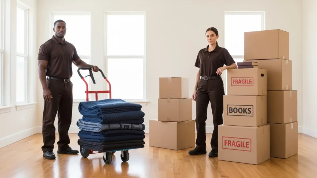 Two professional Denver movers in brown uniforms with moving equipment including furniture dolly with blue moving blankets and labeled cardboard boxes marked fragile and books