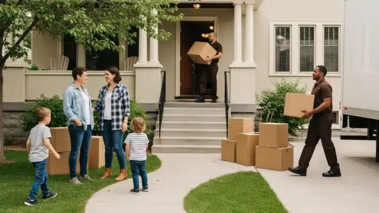 Professional movers in brown uniforms carrying boxes up front steps while Denver family with children watches during residential move