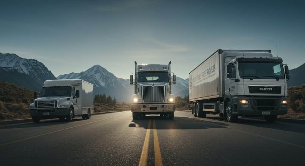 Three professional moving trucks driving on mountain highway with snow-capped Colorado peaks in background, representing Abe Lincoln Movers' capability to handle challenging terrain relocations.