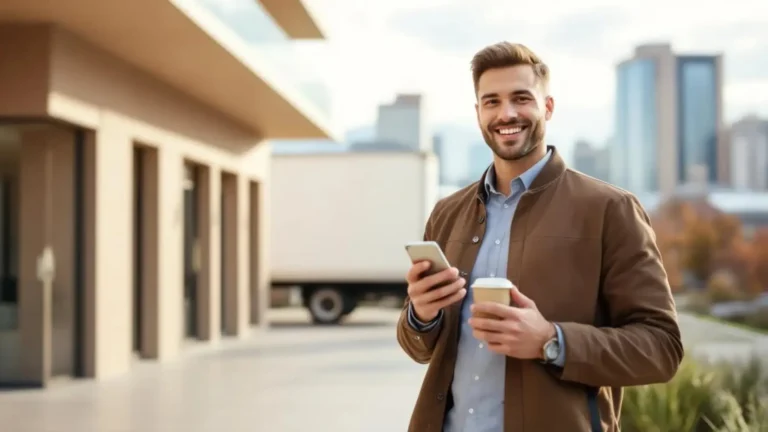 Young professional holding smartphone and coffee outside modern Denver apartment building with moving truck in background