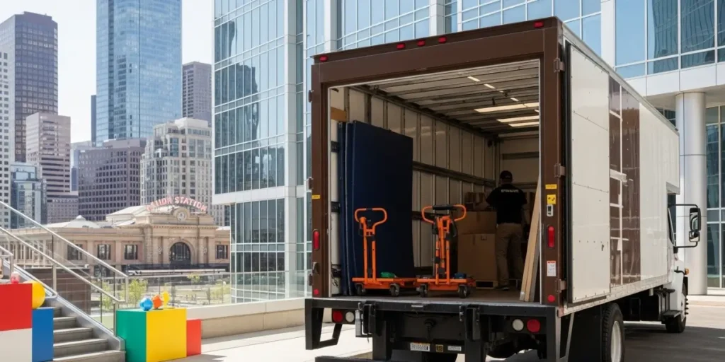 Moving truck interior showing professional equipment and dollies with Denver downtown skyline and Union Station visible in background
