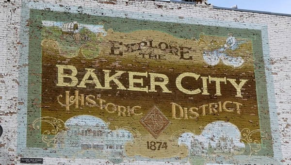 Vintage mural of Baker City Historic District showcasing local history and architecture.