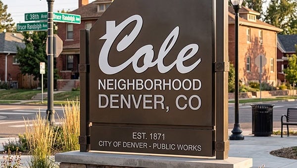Cole Neighborhood sign in Denver, Colorado, highlighting the historic district.