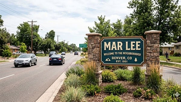 Welcome to Denver, CO sign at Mar Lee neighborhood with moving trucks in background.