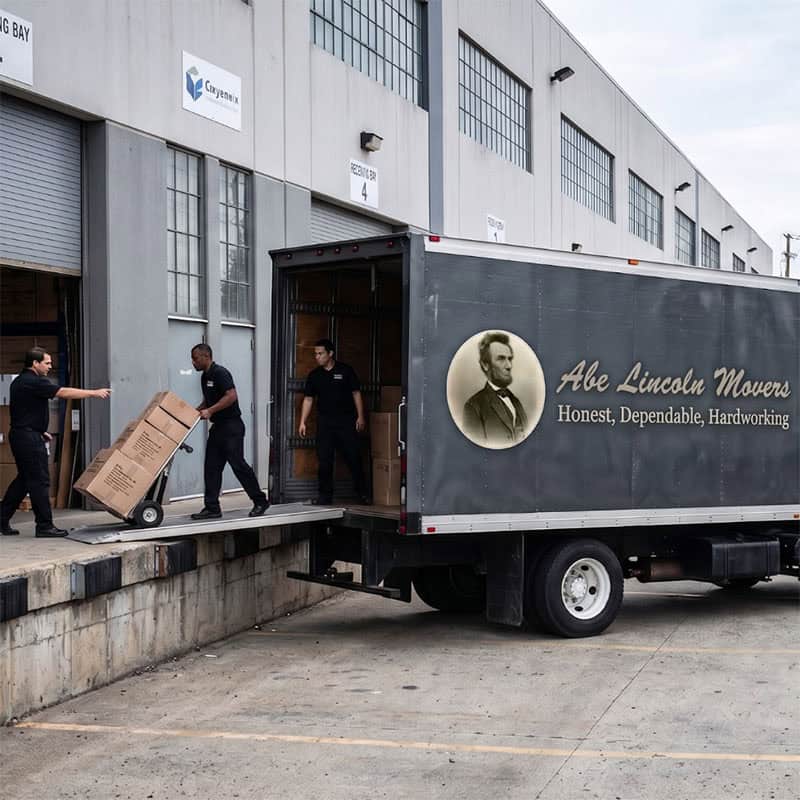 Professional movers loading a truck outside a warehouse for reliable moving services.
