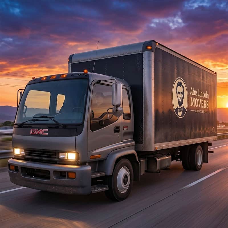 Moving truck for Abe Lincoln Movers on highway at sunset.