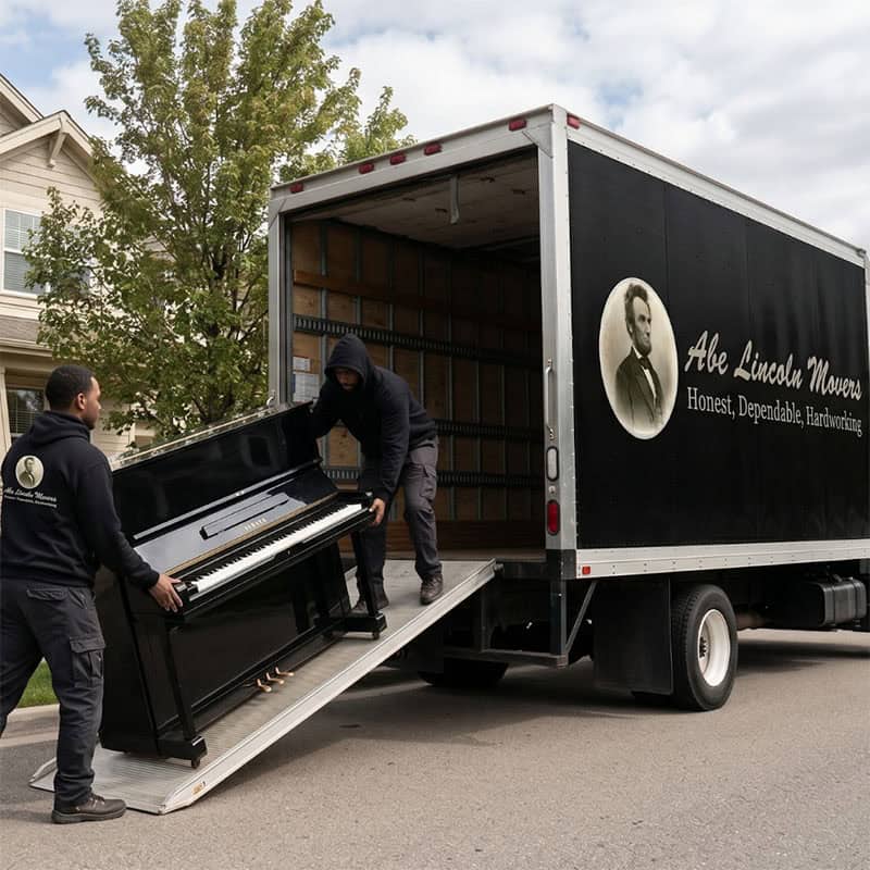 Movers loading piano into Abe Lincoln Movers truck for reliable relocation service.