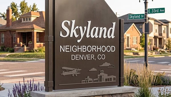 Abe Lincoln Movers logo at Skyland Neighborhood Denver CO with residential houses in background.