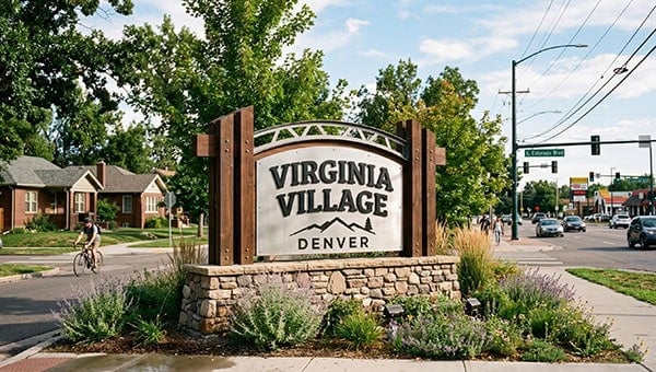 Virginia Village Denver neighborhood entrance sign with landscaping and street view.