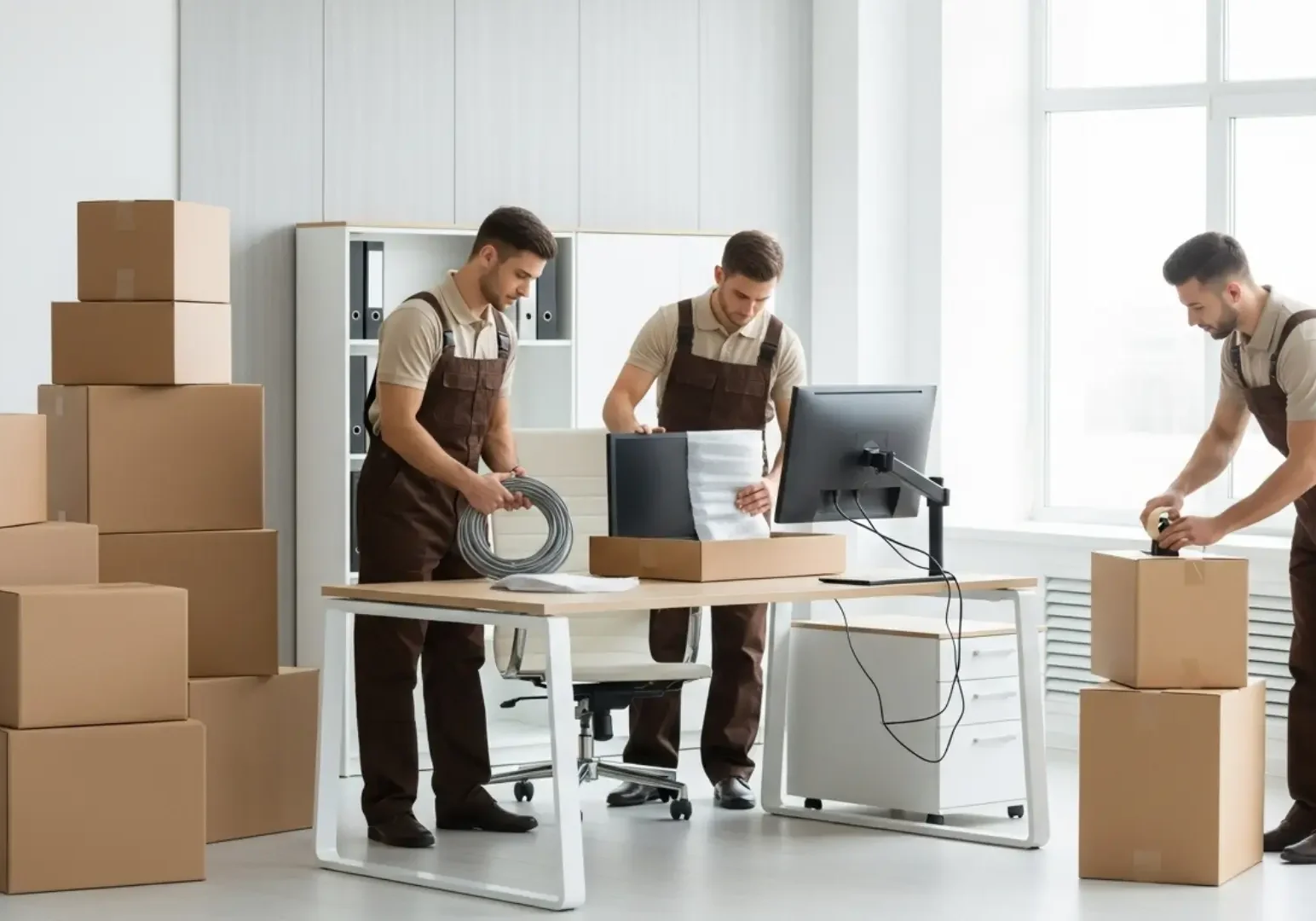 Business office being packed for relocation, cardboard boxes labeled and organized, professional movers carefully wrapping computer equipment, clean corporate environment