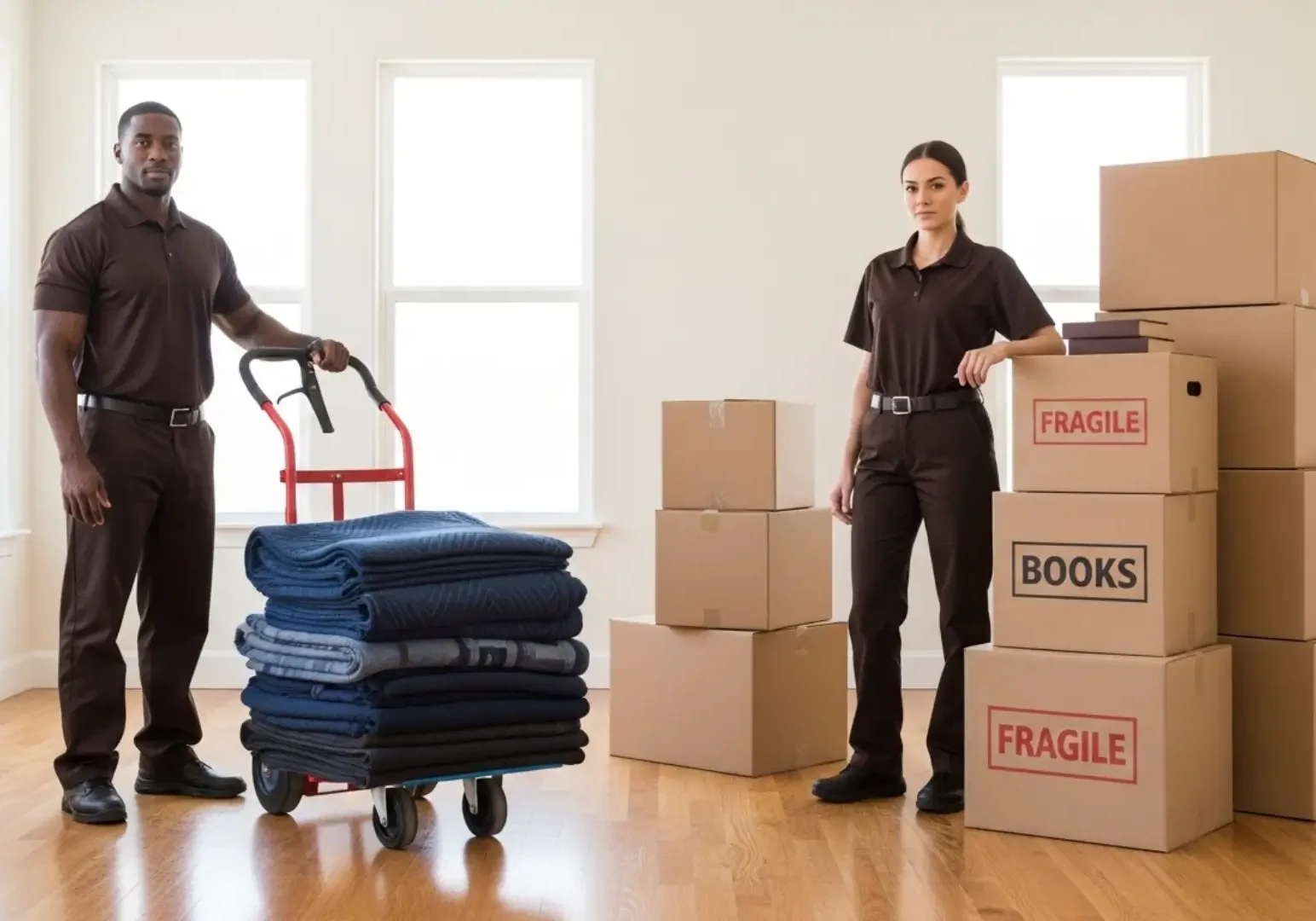 Two professional Denver movers in brown uniforms with moving equipment including furniture dolly with blue moving blankets and labeled cardboard boxes marked fragile and books