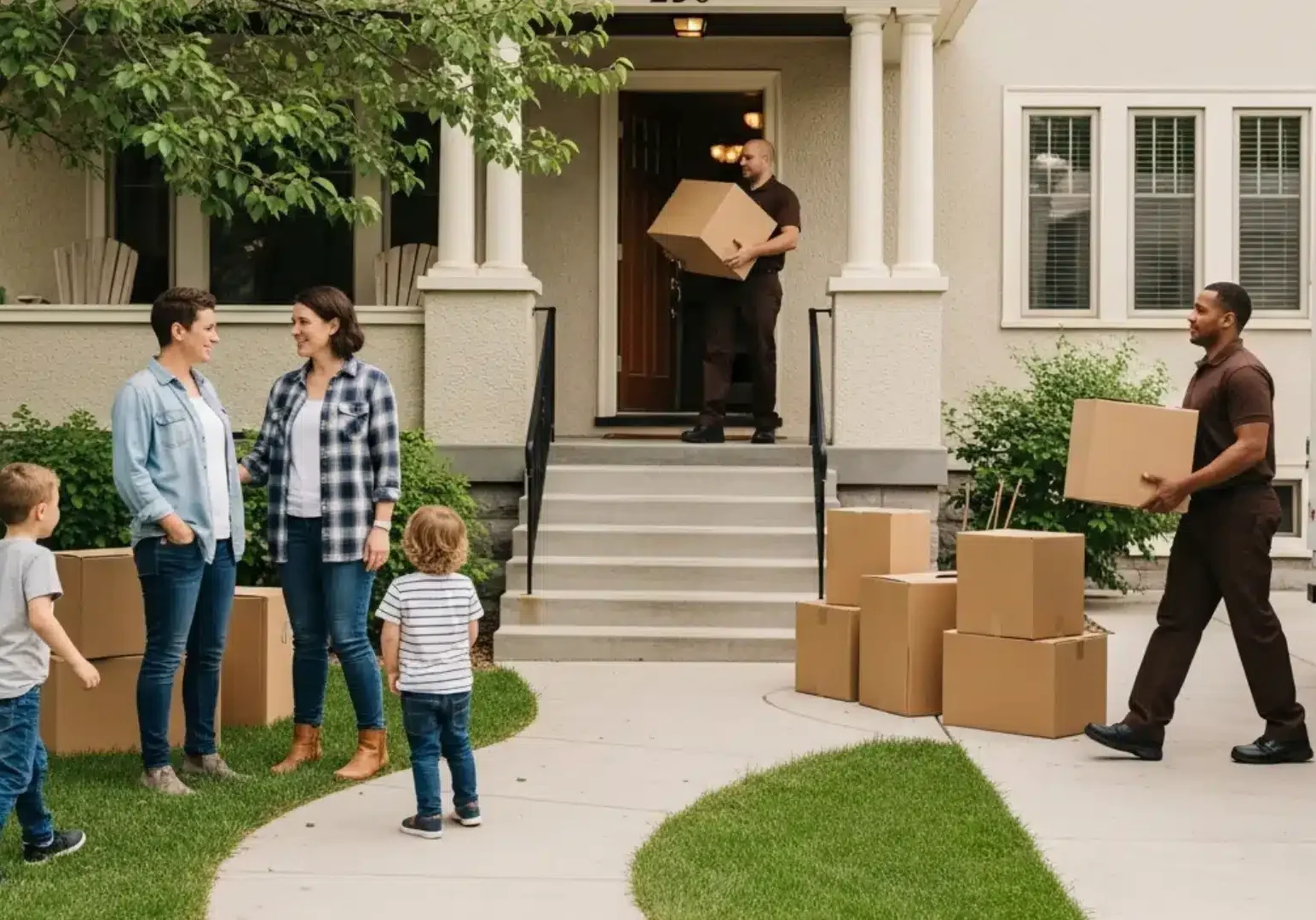 Professional movers in brown uniforms carrying boxes up front steps while Denver family with children watches during residential move
