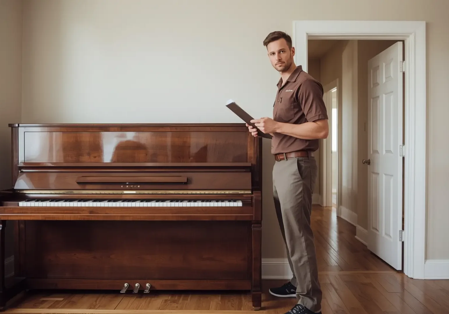 Professional piano mover conducting pre-move assessment in Denver home