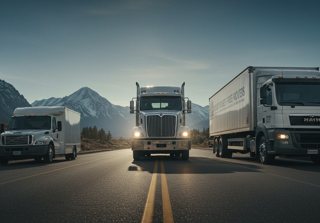 Three professional moving trucks driving on mountain highway with snow-capped Colorado peaks in background, representing Abe Lincoln Movers' capability to handle challenging terrain relocations.