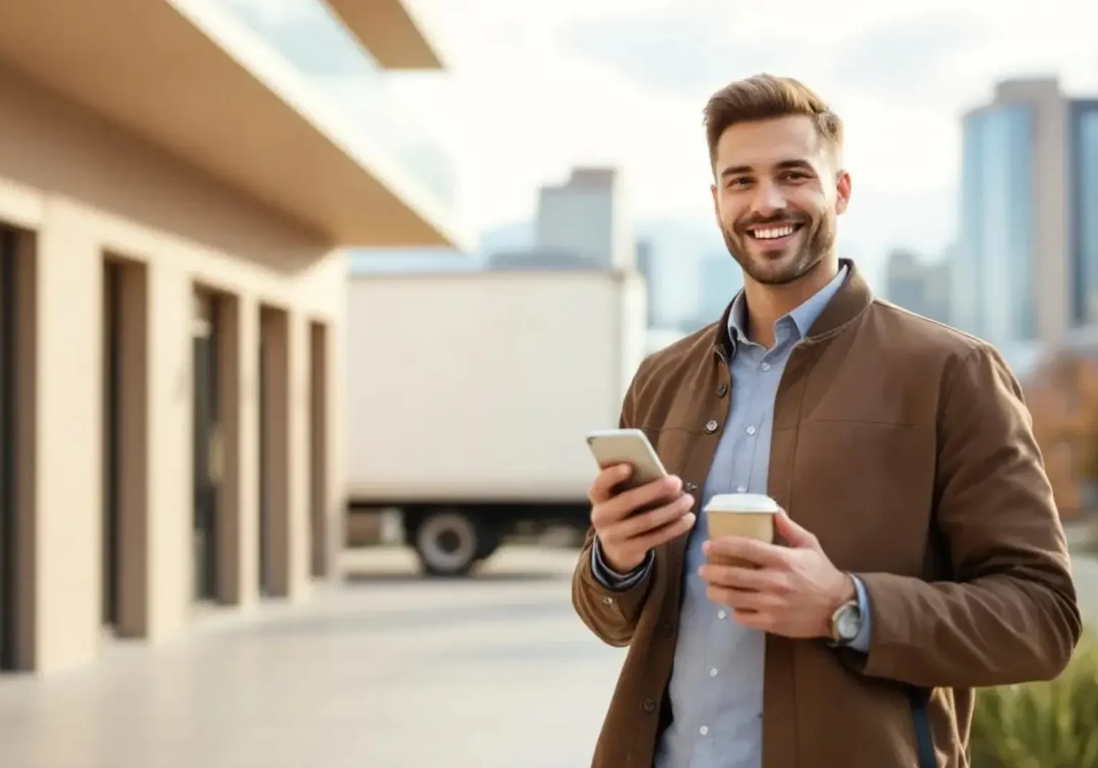 Young professional holding smartphone and coffee outside modern Denver apartment building with moving truck in background